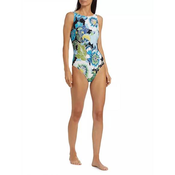 NEW JOHNNY WAS jenn tie back one piece swimsuit in floral green and blue